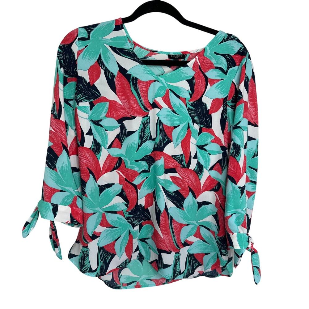 Talbots Women's Petite Medium Top Floral Tunic‎ Resort  V-Neck 3/4 Tie Sleeve